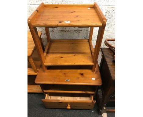 STAINED PINE TABLE WITH SHELF, WITH STAINED PINE BEDSIDE CABINET