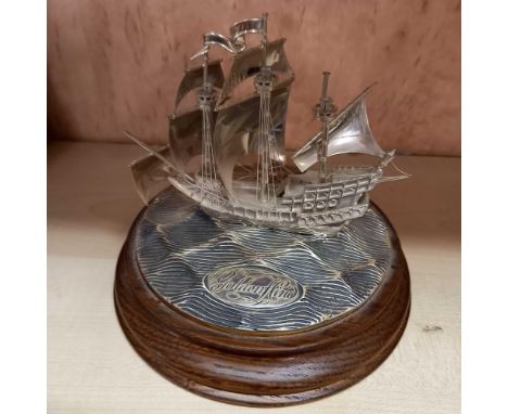 CASED MODEL OF 1948 MGTC &amp; MODEL OF THE GOLDEN HIND ON STAND