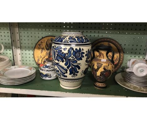 SHELF OF GREEK POTTERY, CUPS &amp; SAUCERS ETC