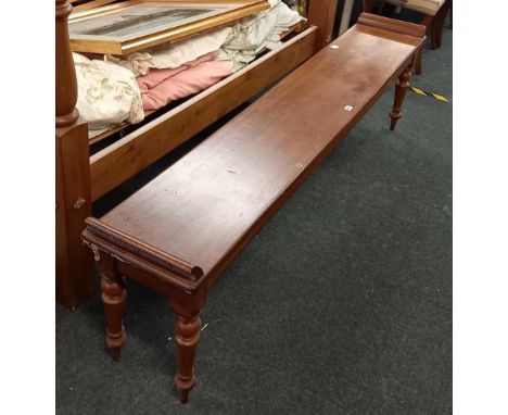 LONG VICTORIAN MAHOGANY BENCH / FORM ON TURNED BALLASTER SHAPE LEGS 6ft LONG APPROX