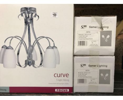 BOXED CURVED 5 LIGHT FITTING, CHROME FINISH &amp; 2 OTHER BOXED CHROME WALL LIGHTS