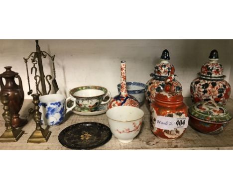 SHELF OF ORIENTAL CHINAWARE &amp; BRASS WARE