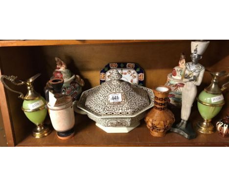 SHELF OF VASES, SOUP TUREEN &amp; COVER, ORIENTAL VASE ETC