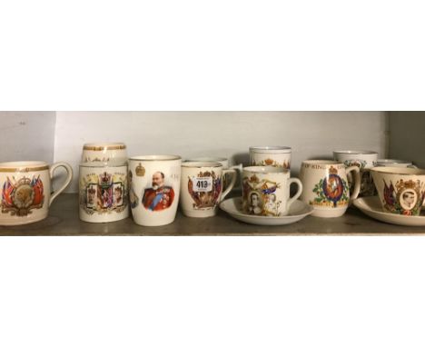 SHELF OF ROYAL COMMEMORATIVE MUGS, CUPS &amp; SAUCERS