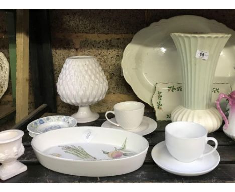 SHELF OF ASSORTED CHINAWARE INCL; 4 DENBY SOUP POTS A/F, 2 MEAT PLATES, CUPS &amp; SAUCERS ETC