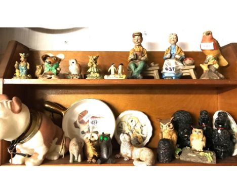 SHELF WITH CHINA FIGURE ANIMALS &amp; CHURCHILL DOG TOY