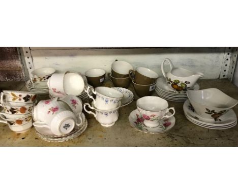 SHELF OF BONE CHINA, CUPS, SAUCERS, JUGS, BOWLS ETC