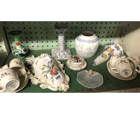 SHELF OF CHINA WALL POCKETS, ROYAL COPENHAGEN COFFEE CANISTER &amp; SAUCERS ETC