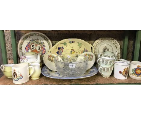 SHELF OF ASSORTED CHINA INCL; CORONATION MUGS, CUP &amp; SAUCERS &amp; TEA POTS, BLUE &amp; WHITE MEAT PLATE