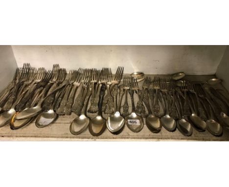 SHELF OF PLATED SPOONS &amp; FORKS WITH SHELL PATTERNED ENDS