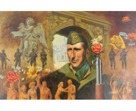 Shannon Stirnweis (American, B. 1931) "Rome Falls to Allies" Signed lower right. Original Oil painting on Illustration Board.