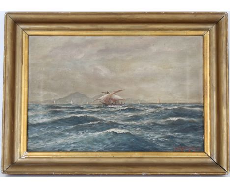 Richard Dey De Ribcowsky (California / Argentina, Europe, Bulgaria, 1880 - 1936) Seascape painting with sailing vessels throu