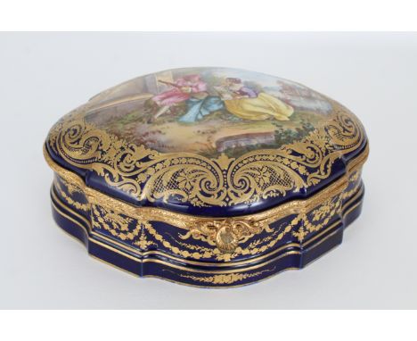 Late 19th-Early 20th c. Large Sevres Style Porcelain Lozenge Shape Gilt Metal Trinket Box, cover painted with scene of courti
