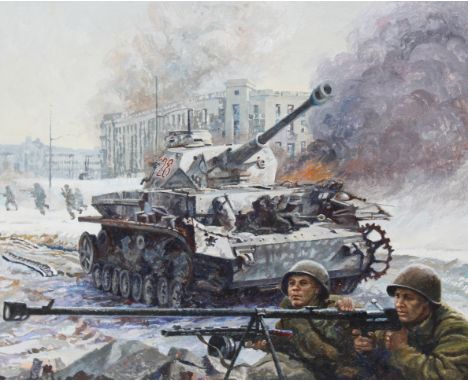 Brian Sanders (British, B. 1937) "Liberation of Kharkov - Tank and Soldiers" Original Oil painting on Canvas. Artist notes in