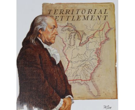 David K Stone (Oregon, 1922 - 2001) "Benjamin Franklin and Map of America 1783" Signed lower right. Original Oil painting on 