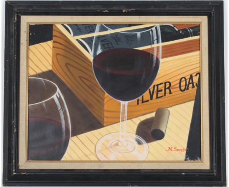 Vintage Still Life Painting, Red Wine. Signed lower right. Oil on Canvas. Sight Size: 16 x 20 in. Overall Framed Size: 21 x 2