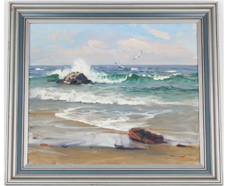 Signed, American School Seascape Painting. Indistinctly signed lower right. Oil on canvas. 20th century. Sight Size: 20 x 24 