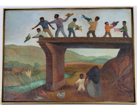 Adolfo Mexiac (Mexico, 1927-2019) Painting of children playing in a Mexican landscape with birds. Oil on canvas. Signed lower