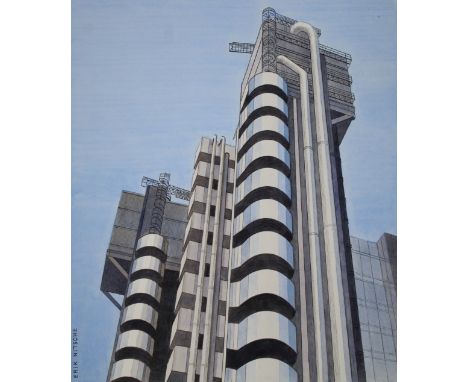 Erik Nitsche (Swiss, 1908 - 1998) "Lloyd's Building in London" Signed lower left. Original watercolor/ink painting on Illustr