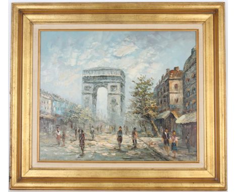 Vintage Paris Street Scene with Figures. Oil on Canvas. Signed lower right. Sight Size: 20 x 24 in. Overall Framed Size: 28 x