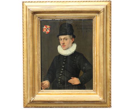 16th C. Old Master Portrait of a Gentleman. Dated 1587 upper right. Oil on panel. Appears to be unsigned. With family crest u