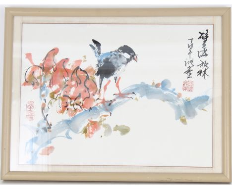 Chinese Watercolor Depicting a Bird on a Branch with Calligraphy and Two Seal Marks. Sight Size: 13 x 18 in. Overall Framed S