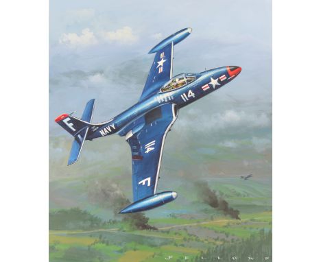 Jack Fellows (American, B. 1941) "F-80 Shooting Star" Signed lower right. Original Oil painting on Masonite. Provenance: Coll