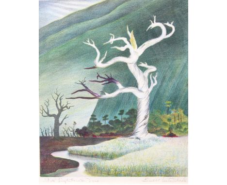 Buell Whitehead (Florida, 1919-1993) "Fat Lightered Tree" Florida Everglades Pencil Signed Colored Lithograph. Pencil Signed 