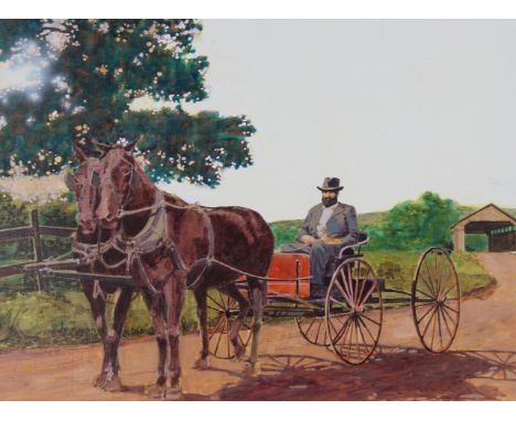 Dick Simms (American, B. 1932) "Buckboard 1880s" Signed lower right. Original Mixed Media painting on Illustration Board. Pro