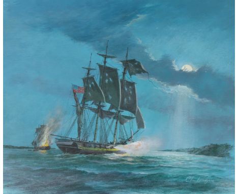 Charles J Lundgren (New York, Connecticut, 1911 - 1988) "U.S.S. Louisiana" Signed lower right. Original Oil painting on Mason