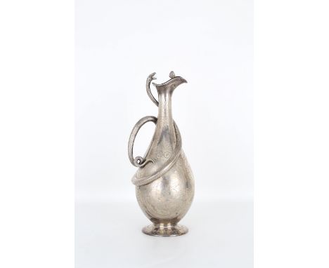 19th century English silver decanter with figural snake handle with butterfly finial engraved with classical scenes and monog