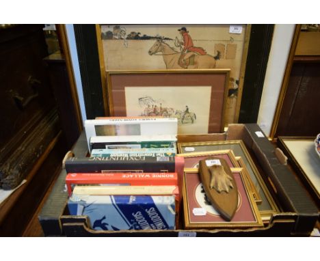 A Cecil Aldin coloured print, of a huntsman and hounds, other assorted sporting prints, volumes and an otter pad (qty)   Cond