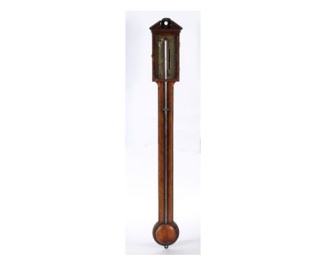 A George III inlaid mahogany stick barometer, with thermometer, the silvered dial signed P Gally Cambridge, in need of restor