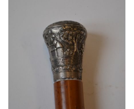 A malacca walking stick, with a Chinese silver coloured metal top, decorated a farmer, stag and buildings