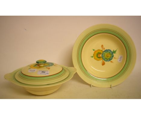 A Clarice Cliff Honeydew pattern part dinner service, including a tureen and cover (qty)   Condition report  Report by NG5 x 