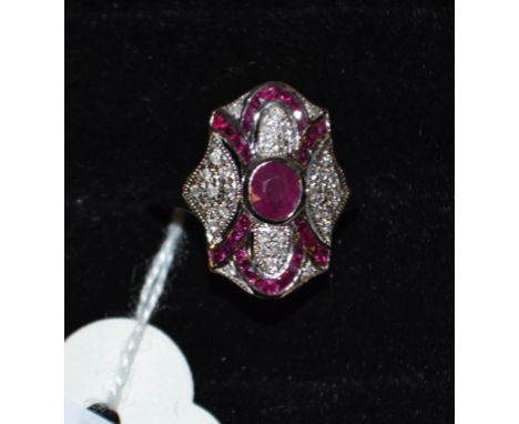 An Art Deco style 9ct gold, ruby and diamond panel ring, approx. ring size Q Condition report Modern