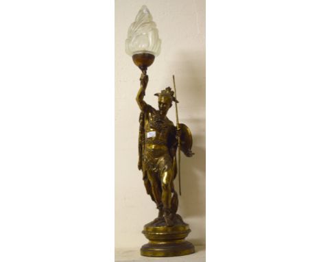 A gilt metal table lamp, in the form of a native American Indian, 92 cm high (over glass shade) Condition report Glass shade 