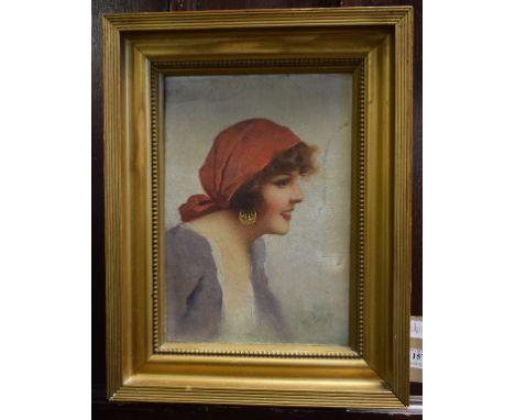 Eduardo Forlenza, a head and shoulders portrait of a gypsy woman, oil on canvas laid down, signed, 30 x 21 cm