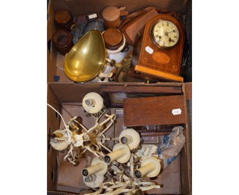An inlaid mantel clock, 25.5 cm high, a set of postal scales, a white painted four branch light fitting, and other items (qty