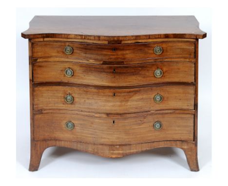 A 19th century serpentine front mahogany chest, of four graduated long drawers, on splay bracket feet, 107 cm wide  See illus