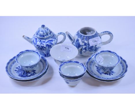 A Chinese porcelain teapot and cover, of octagonal form, chip to spout, 9.5 cm high, another teapot, eight tea bowls and sauc