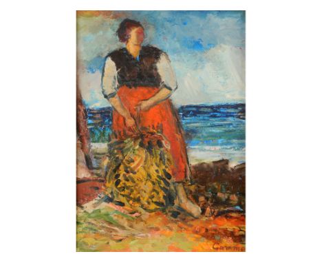 Reginald William 'Reg' Gammon, a full length portrait of a lady, Angela, harvesting kelp, oil on board, signed, inscribed ver