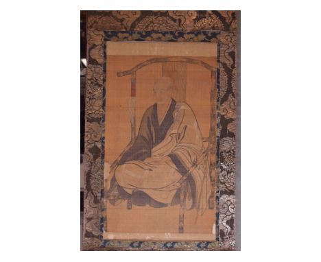 A Japanese scroll, painted a man in a chair, image size 45 x 28.5 cm, two other Japanese scroll paintings, and a Japanese scr