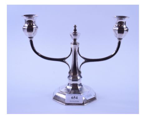 A Yamato sterling silver two light candelabrum, with hammered decoration, 18.5 cm high 