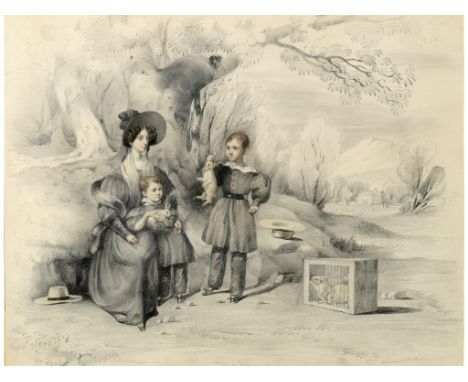 Robert Thorburn, Mrs Charles Kinnear with her sons John and Charles playing with pet rabbits, in an extensive landscape with 