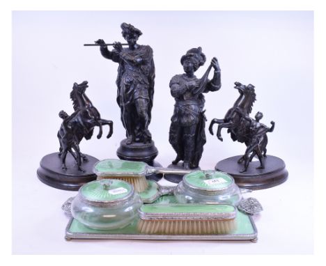 Two pairs of spelter figures, some damage, a dressing table set, and two light fittings (box)