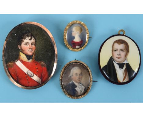 A group of family miniatures, comprising an early 19th century oval portrait miniature of a young military officer, Major Dav