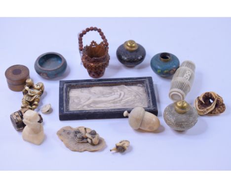A Chinese carved and pierced bone cricket cage, of barrel form, 7 cm, a Japanese carved Ivory netsuke, Meiji period, and othe