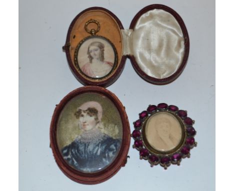 Three oval bust portrait miniatures, a silver open face pocket watch, costume jewellery, and other items