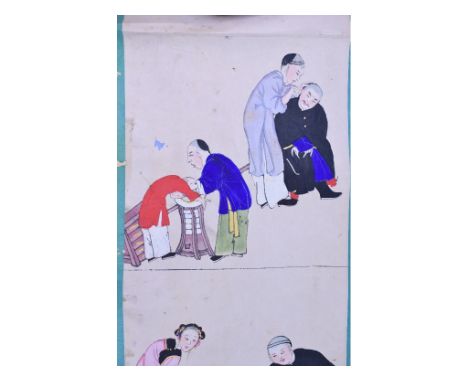 A Chinese scroll picture, painted a man having his ears cleaned, and other figures, image size 68 x 22 cm, and three other si